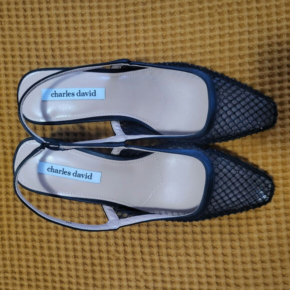 Charles David Shine Dress Kitten Rhinestone Mesh Black Sparkle Sling Heel NWOT 9 - Picture 4 of 6